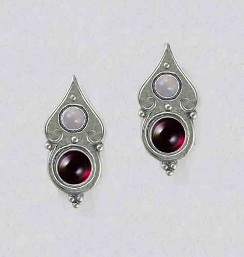 Sterling Silver Gothic Look Post Stud Earrings With Garnet And Rainbow Moonstone